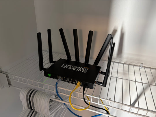 ConnecTen business router installed on a closet network shelf